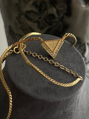 Authentic Vintage Dior Triangle Brushed Gold Rhinestone Chain Choker Necklace